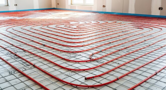 A detailed view of modern underfloor heating pipes installed on a grid before the concrete floor is poured in a bright residential room, engineering, indoor, coil