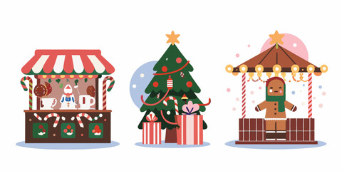 Fototapeta premium Christmas Market Stalls And Decorated Tree Colorful Vector Illustration