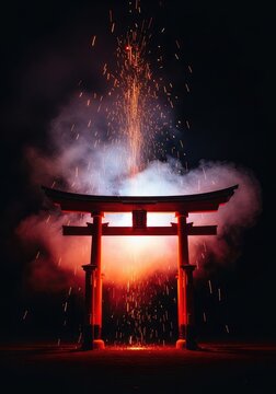 A majestic red torii gate glows intensely amidst swirling dark smoke and flying sparks, creating a mystical and atmospheric night scene, illumination, dusk, fantasy landscape