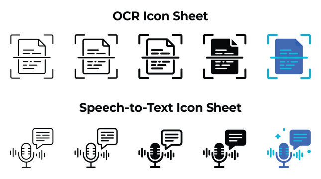 Professional collection of digital vector icon designs featuring ocr document scanning and speech to text microphone symbols for user interface and mobile application software development projects