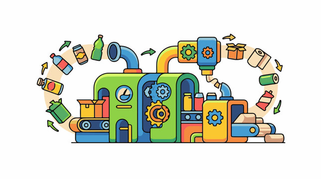 Colorful cartoon factory processes bottles cans and packaging into new products