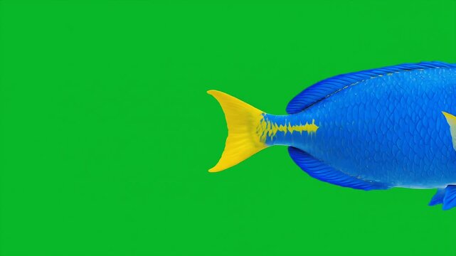 A vibrant blue tang fish tail isolated on a solid green background.