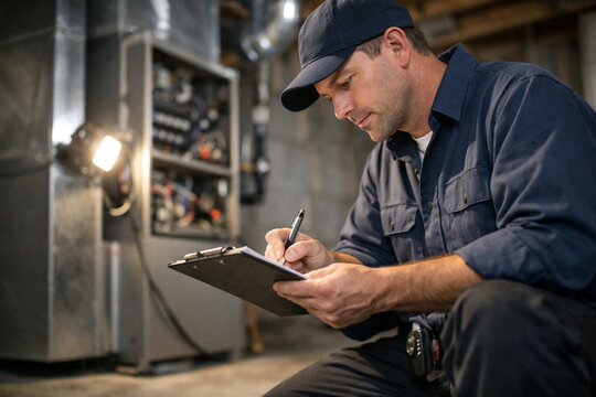 Professional HVAC technician inspecting residential furnace system in basement while taking notes, showcasing maintenance, repair service, heating system check, home safety inspection copy space