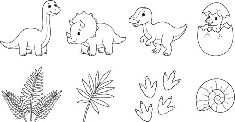 Cute Dinosaur Outline Collection with Baby Dinosaurs Fossils and Prehistoric Line Art Vector Set © VectoBloom