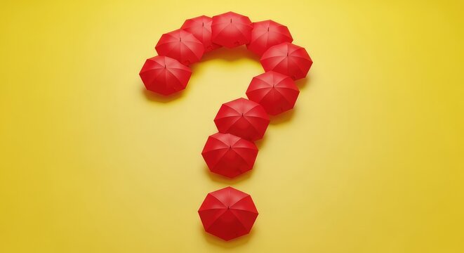 A striking question mark symbol created using several open red umbrellas arranged neatly against a solid bright yellow background floor, wonder, objects, help