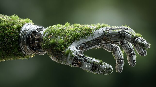 Green technology concept with grass-covered human arm and robotic hand, futuristic sustainable innovation, 3d render