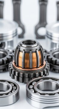 Close-up of mechanical components featuring pistons, crankshaft, and copper commutator within metal laminations and steel ball bearings, engineering, heavy, hardware