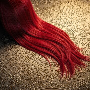 Detailed view of long crimson hair resting on weathered metal plating with fine carvings and realistic metallic sheen in golden lighting, lighting, vibrant tresses, bronze