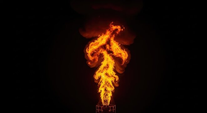 Eine lodernde Gasfackel erhellt die dunkle Nacht mit intensiven orangen Flammen und aufsteigendem Rauch vor einem tiefschwarzen Himmel, flicker, hot, night