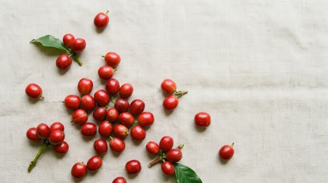 Fresh Red Coffee Cherries and Leaves on Textured Background, Top View