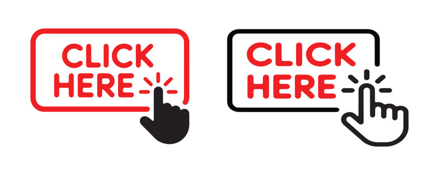 Click here buttons with hand cursor illustration for digital call to action elements for websites.