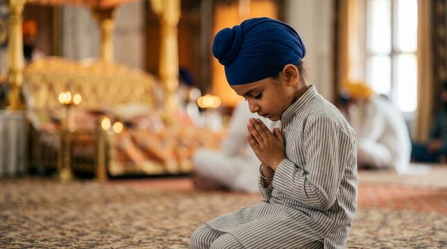 Sikh child in blue turban praying with devotion inside Gurdwara