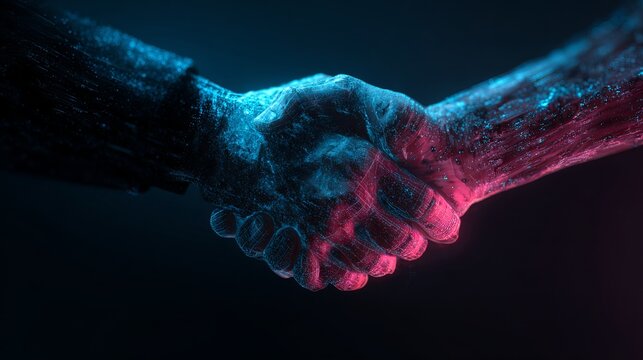 Handshake in futuristic digital environment symbolizing partnership, trust, innovation, technology collaboration and business connection