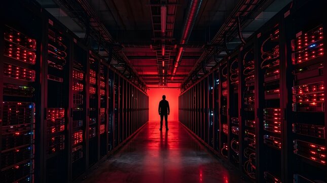 Man Standing Alone in Server Room with Red Lights Computer Hardware Center