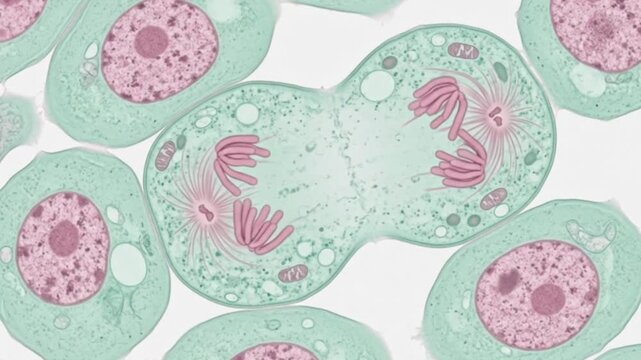 Abstract microscopic view of cell division mitosis process under microscope