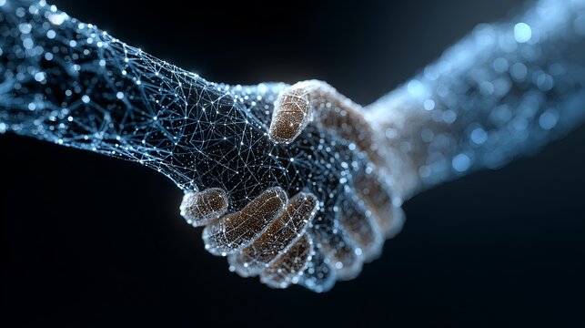 Handshake in futuristic digital environment symbolizing partnership, trust, innovation, technology collaboration and business connection