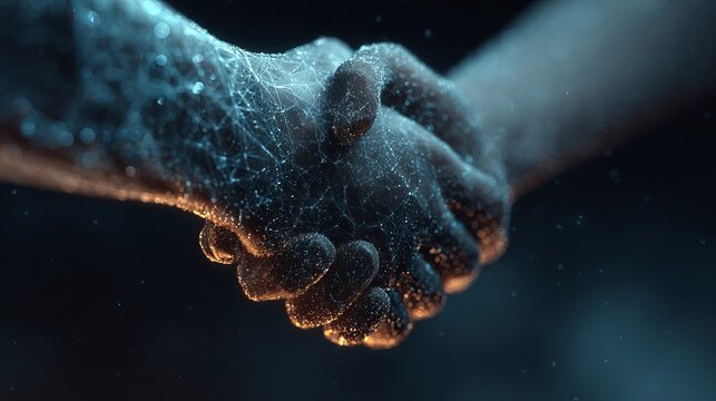 Handshake in futuristic digital environment symbolizing partnership, trust, innovation, technology collaboration and business connection