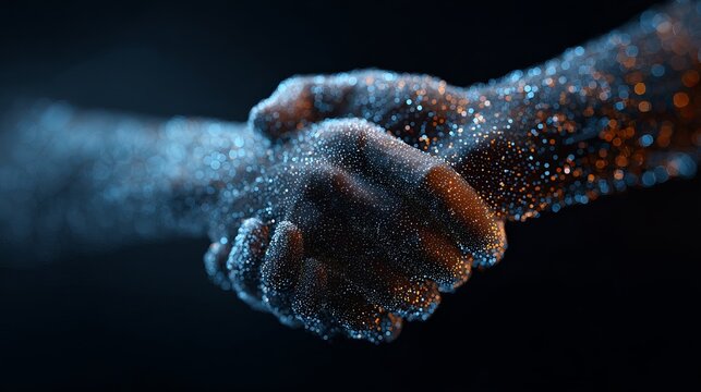 Handshake in futuristic digital environment symbolizing partnership, trust, innovation, technology collaboration and business connection