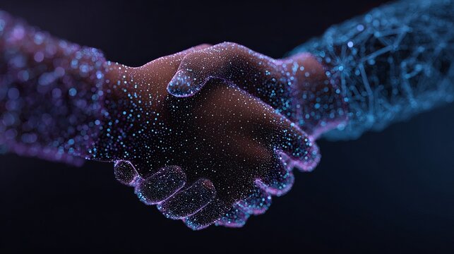 Handshake in futuristic digital environment symbolizing partnership, trust, innovation, technology collaboration and business connection