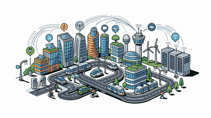 Fototapeta premium Connected smart city with clean energy transport and data networks
