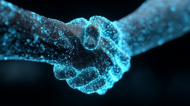 Handshake in futuristic digital environment symbolizing partnership, trust, innovation, technology collaboration and business connection