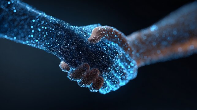 Handshake in futuristic digital environment symbolizing partnership, trust, innovation, technology collaboration and business connection