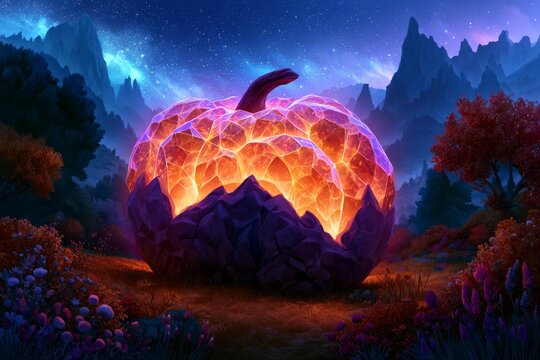 Glowing Crystal Pumpkin Shines Beneath a Starry Sky