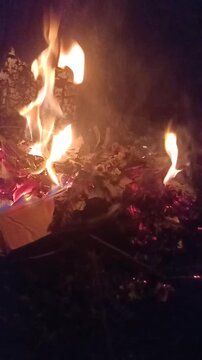 Campfire Burning at Night with Flames and Smoke - 4K Footage