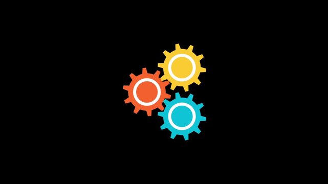 Three colorful gear sets rotating smoothly against minimalist black background for industrial business concept