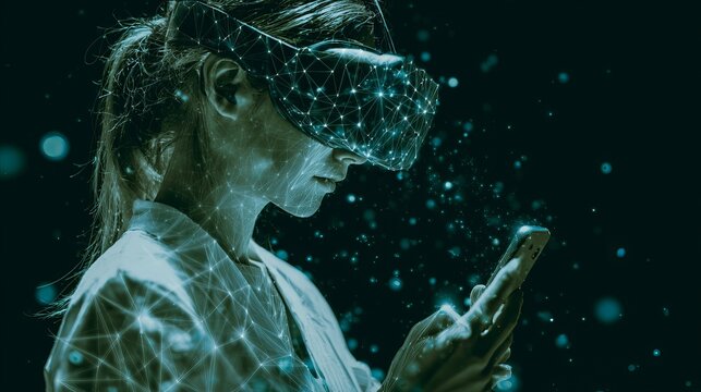Person experiencing metaverse virtual world through smartphone with futuristic blockchain technology and immersive digital reality concept