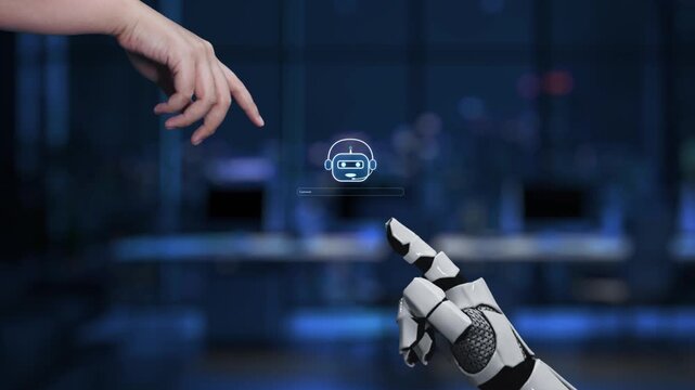 This illustration captures a human hand interacting with a digital representation of a chatbot, exemplifying new frontiers in communication technology and AI. Synapse