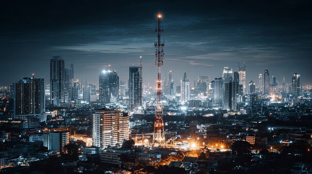 Modern smart city skyline at night with wireless network connection technology, digital communication infrastructure, futuristic urban connectivity concept