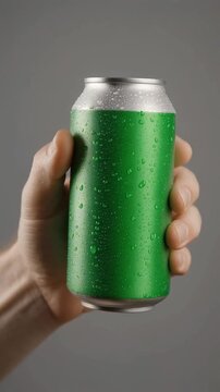 Hand holding a cold green beverage can. Refreshing soda drink in a blank aluminum container.