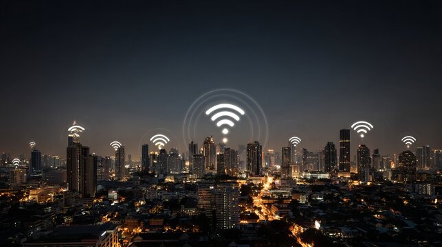 Modern smart city skyline at night with wireless network connection technology, digital communication infrastructure, futuristic urban connectivity concept