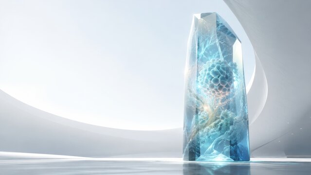 Crystal Monolith Encoding Regenerative Medicine Inside Living Biological Architecture, Futuristic Healthcare Innovation Concept with Premium White Copy Space