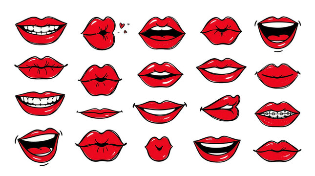 Pop art red lips collection, set of 20 comic style female mouths with various expressions, vibrant lipstick makeup illustrations