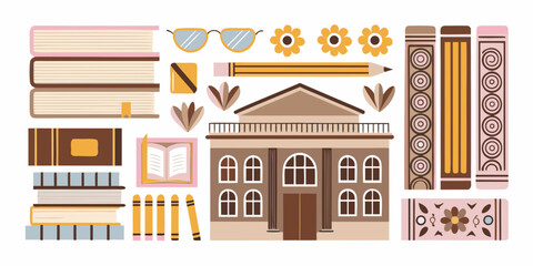Fototapeta premium Bookish Elements And Library Building Flat Vector Illustration On White