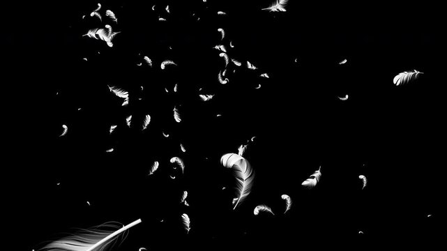White feather fluffy falling in the wind background. 4K loop alpha. Rotation up.