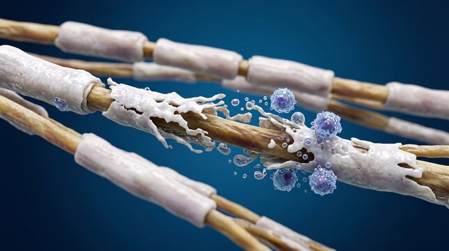 A microscopic view of damaged fibers with white residue and purple growths