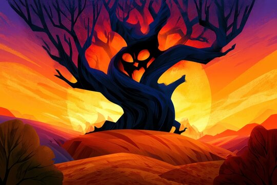 Sinister Haunted Tree Awakens Beneath a Fiery Sky
