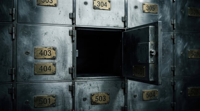 The Empty Safe Deposit Box: An abandoned and weathered bank of safe deposit boxes, with one compartment ajar, hinting at mystery and past secrets. A feeling of intrigue and suspense.