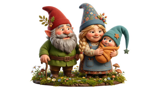 Cute funny gnome family with parents and baby characters, different hats and personalities, heartwarming expressions, premium 3D cartoon illustration, isolated on white background