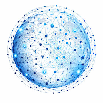 Abstract blue sphere made of glowing digital dots and network particles