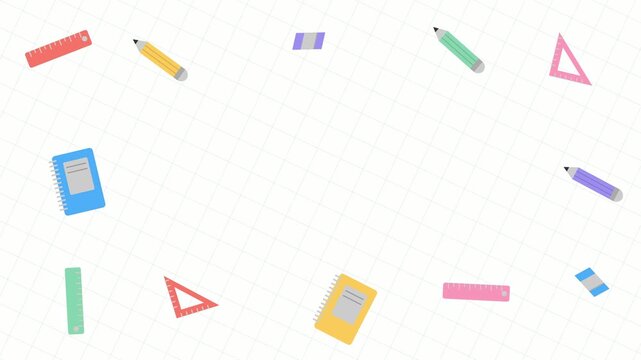 Seamless pattern of school supplies and stationery icons. 4K Video