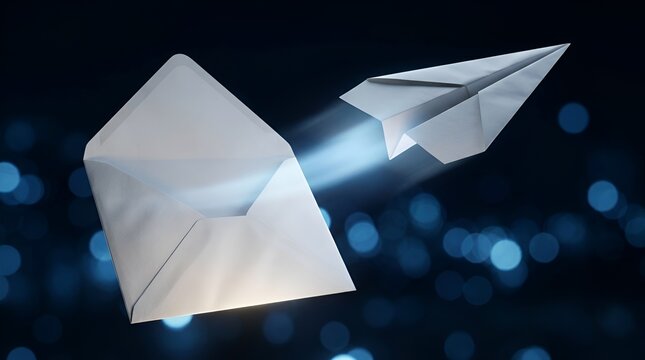 Paper plane flying out of open envelope email delivery message sender concept
