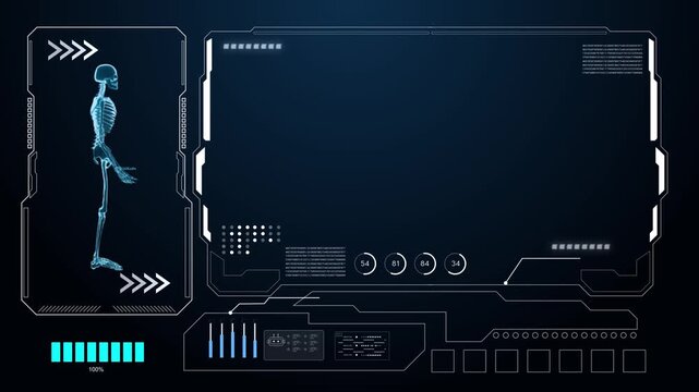 Futuristic medical HUD interface screen featuring full body skeleton scan and large empty copy space frame for diagnostic technology.