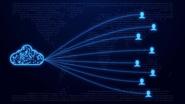 Glowing blue neon cloud computing icon connected to multiple user profile symbols with digital binary code world map background for technology concept.
