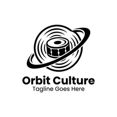 Modern black and white logo featuring a drum encircled by planetary rings, representing musical rhythm and cultural reach. © trendy