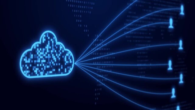 Glowing blue neon cloud computing icon connected to multiple user profile symbols with digital binary code world map background for technology concept.