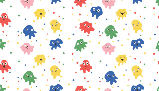 Seamless pattern featuring cute and colorful little cartoon blob monsters with various expressions on a white background.